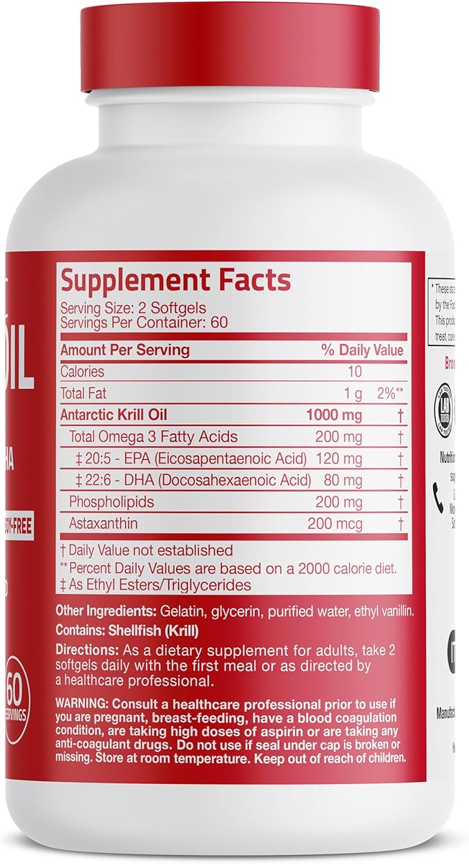 Bronson Antarctic Krill Oil 1000 mg with Omega-3s EPA DHA Astaxanthin and Phospholipids 120 Softgels