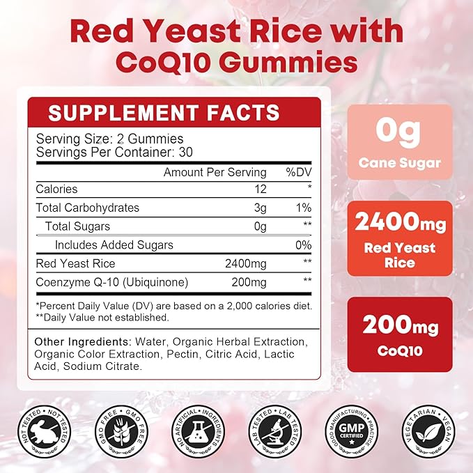 Red Yeast Rice with Coq10 Gummies Red Yeast Rice 2400 mg with CoQ10 200 mg for Cholesterol Support Heart Health Supplement Sugar Free Non-GMO Vegan – 120 Counts