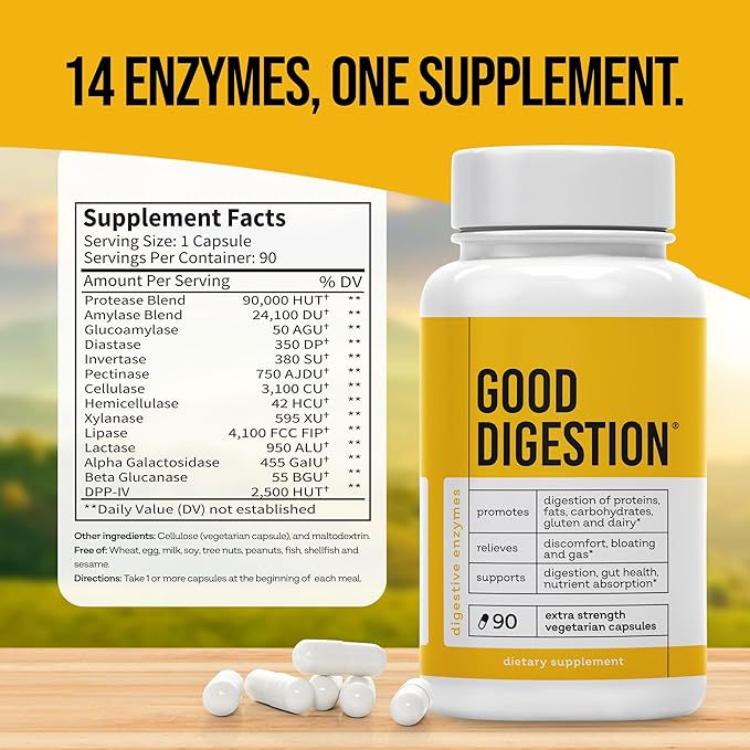 Extra Strength Digestive Enzymes | All-in-One Formula | Fast Bloating &amp Gas Relief | Digestion Relief for Carbs Fat Protein Gluten Dairy | Supports Gut Health | 90 Capsules