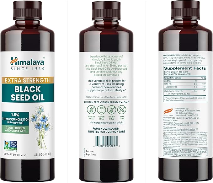 Himalaya Extra Strength Black Seed Oil Cold-Pressed &amp Unrefined 1.5% Thymoquinone (69 mg per TSP) 8 oz