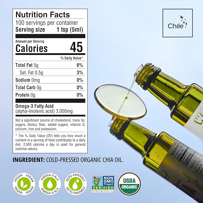 Seeds of Wellness - Organic Chia Seed Oil Essential Bio Nutrients Fatty Acids Omega-3 ALA Plant-Based Cold-Pressed Unrefined Non GMO 16.9 Fl Oz (500 ml) Glass Bottle Pack of 1 Chile