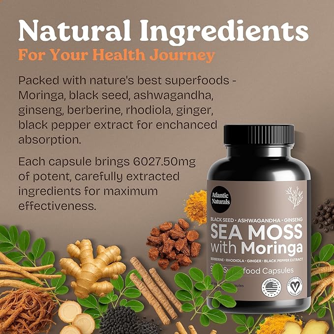 Atlantic Naturals Sea Moss Capsules – Irish Sea Moss with Black Seed Oil Ashwagandha Moringa Ginseng &amp Ginger for Energy Vitality &amp Wellness – Nutritional Supplement – Made in USA – 60 Cap