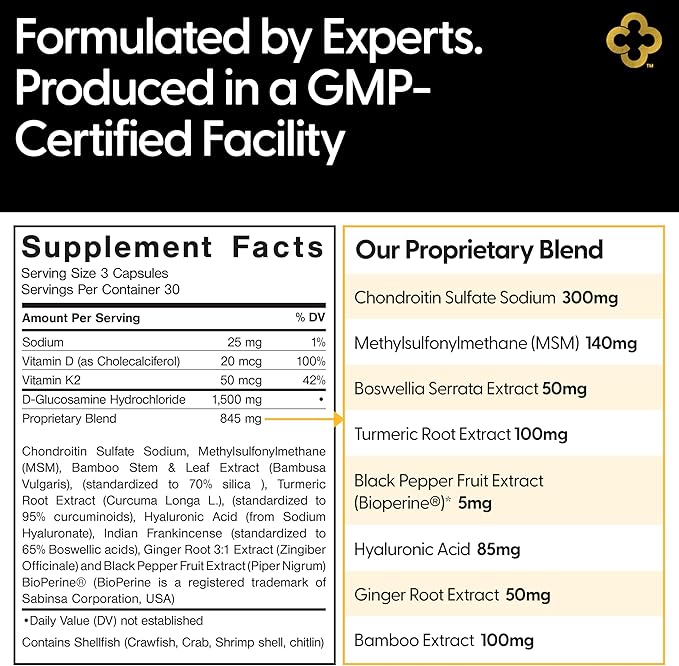 Glucosamine Chondroitin MSM All-in-One Joint Support Supplement Turmeric Hyaluronic Acid Boswellia Ginger Root Bamboo BioPerine Black Pepper Supports Joint Health &amp Flexibility 90 Count