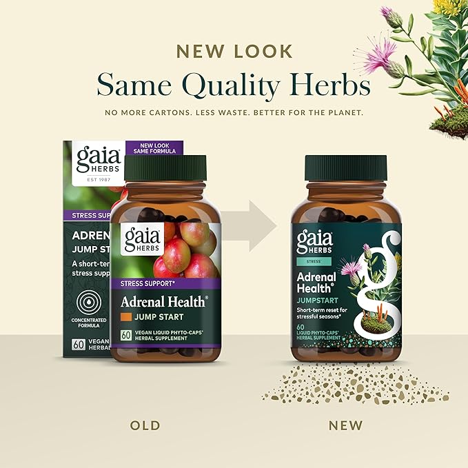 Gaia Herbs Adrenal Health Jumpstart - Helps Sustain Healthy Energy &amp Stress Levels* - with Cordyceps Schisandra Rhodiola &amp Licorice - 60 Vegan Liquid Phyto-Capsules (30 Servings)