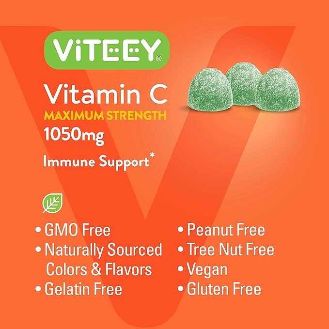 Viteey Chewable Vitamin C Gummies for Adults - 1050mg Maximum Strength Immune Support Supplement - Vegan Gluten Free - 180 Count
