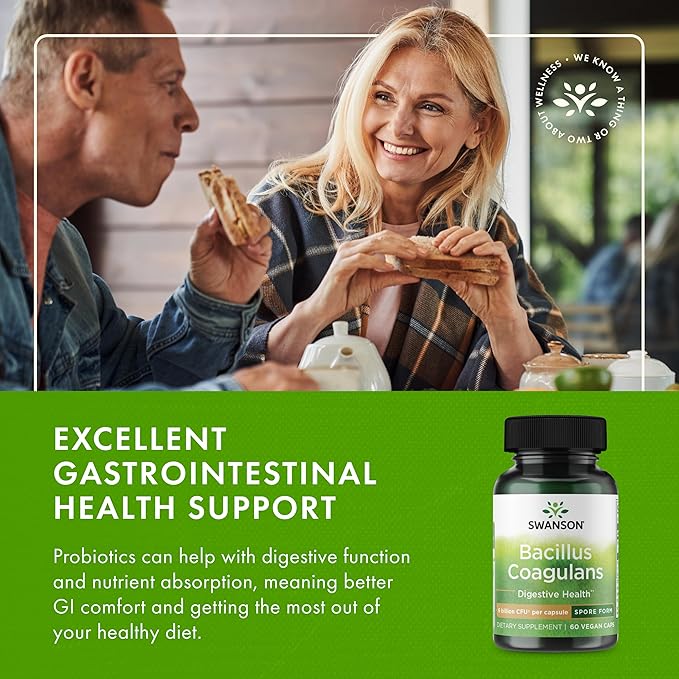 Swanson Bacillus Coagulans Spore-Form Probiotic for Adults Seeking Shelf-Stable Digestive Support with 6 Billion CFU - Acid-Resistant (60 Vegan Capsules 2 Pack)