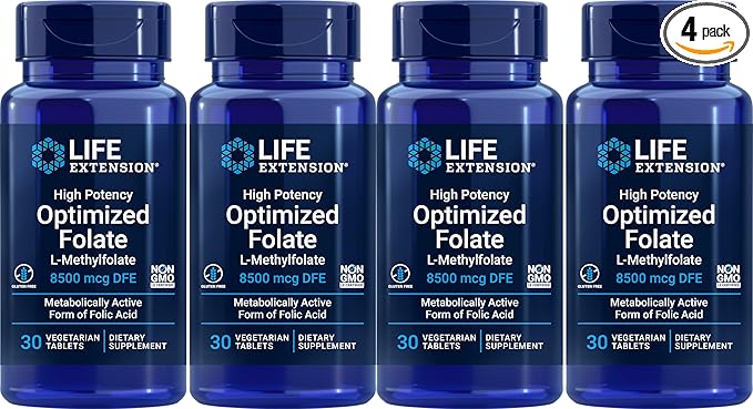 Life Extension High Potency Optimized Folate 8500 mcg DFE 30 Vegetarian Tablets (Pack of 4)