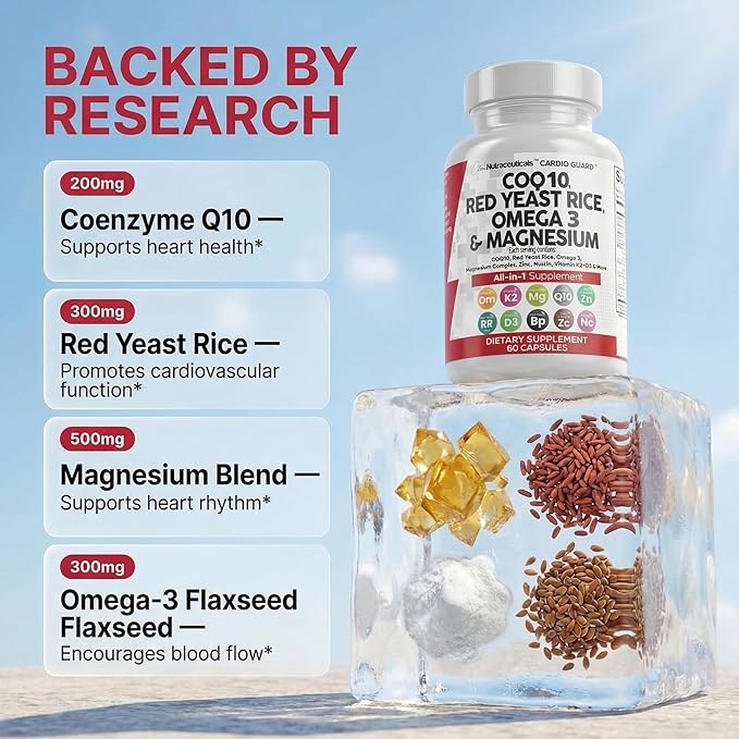 Clean Nutraceuticals COQ10 200mg Red Yeast Rice Omega 3 Magnesium Complex 500mg Niacin Zinc Vitamin K2 D3 - Heart Support Vitamins for Women &amp Men w/Vitamin B3 Coenzyme Q10-60 Ct
