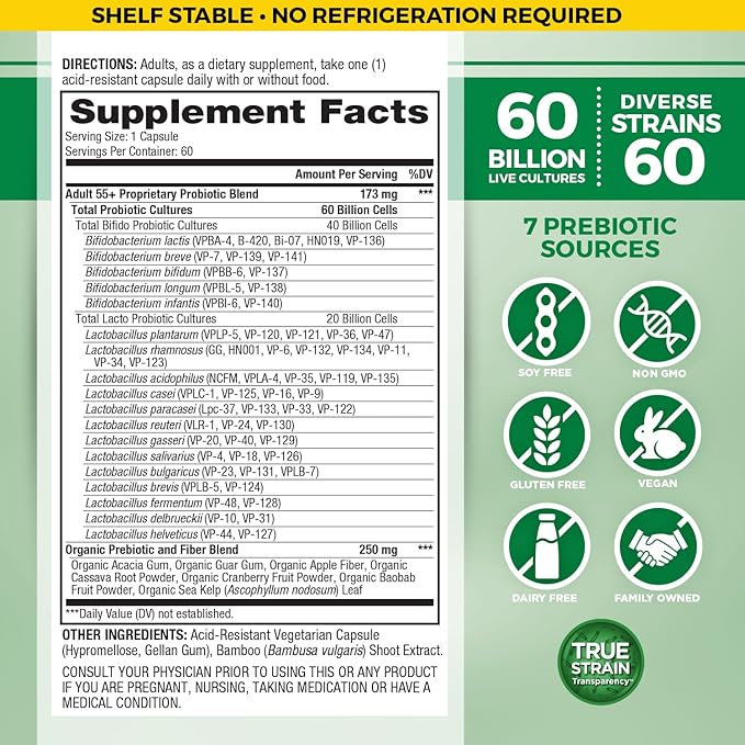 Vital Planet - Vital Flora Adults Over 55 Daily Probiotic 60 Billion CFU Diverse Strains Organic Prebiotics Immune and Digestive Health Shelf Stable Probiotics for Women and Men 60 Capsules