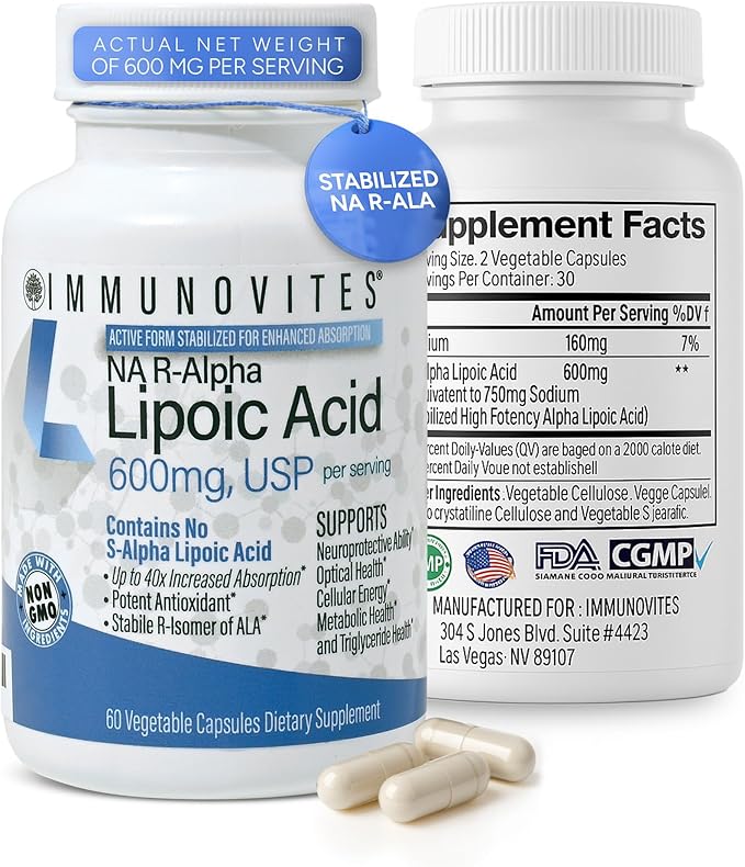 IMMUNOVITES Stabilized R-Alpha Lipoic Acid ((True)) 600mg per Serving [[High Potency &amp up to 40x Increased Absorption]] (Na R-ALA) (Na R-LA) (Na R-Lipoate) (1 Bottle)