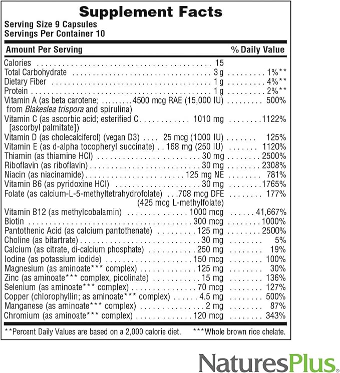 NaturesPlus Source of Life GOLD Multivitamin - 90 Vegetarian Capsules - With Vitamins D3 B12 K2 &amp More Than 120 Whole Foods - Blood Bone &amp Immune Support - Gluten Free - 10 Servings