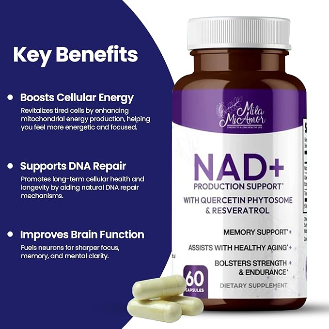 Mila Miamor NAD+ for Cellular Energy &amp Anti-Aging Supplement| Boost Focus Vitality &amp Mitochondrial Function | Supports DNA Repair Brain Health &amp Endurance | Non-GMO Gluten-Free | 60 Cap