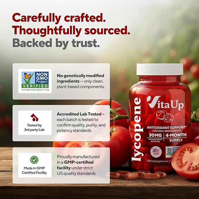 VitaUp Lycopene Supplements for Men – USA Made Prostate Supplements for Men with Natural Tomato Extract – Non-GMO Lycopene Supplement for Normal Prostate Skin &amp Antioxidant Support – 120 Count