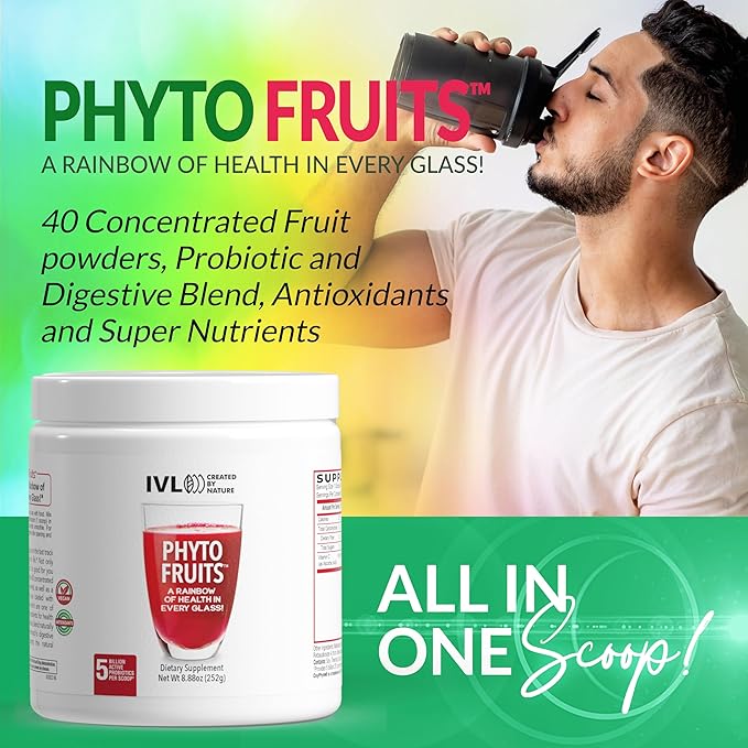 IVL - Phyto Fruits Superfood Powder - Support Energy - Digestive &amp Probiotic - Antioxidant - Vegan - 40 Fruits and Nutrients Plus 6 Probiotic Strains (30 Servings 8.88 oz)