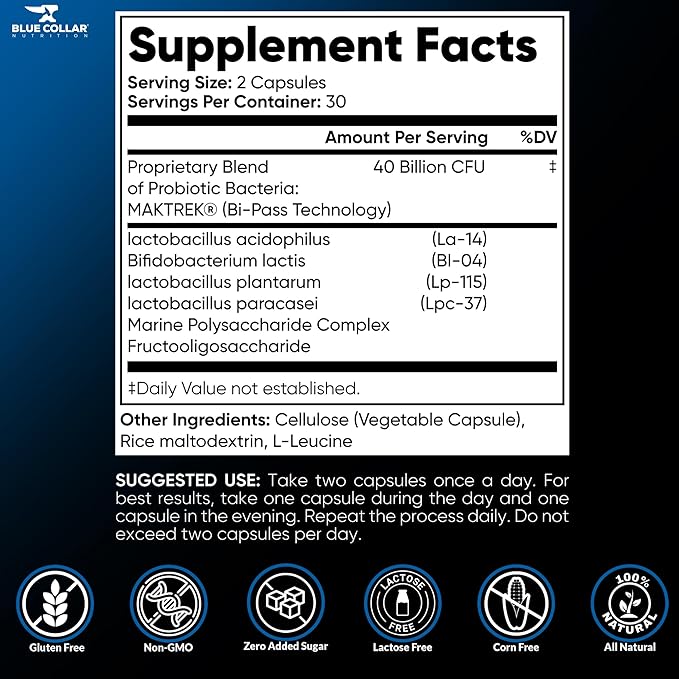 BLUE COLLAR NUTRITION Biotics - 40 Billion CFU – 60 Capsules - Probiotics for Gut Health and Digestion