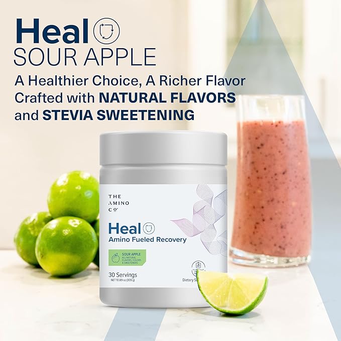 The Amino Co. - Heal - Post Workout Recovery Drink with Pure Eaa Amino Acid Formula -Creatine Monohydrate Powder for Efficient Muscle Repair Vegan and Keto-Friendly with Sour Apple Flavor - 10.89oz.