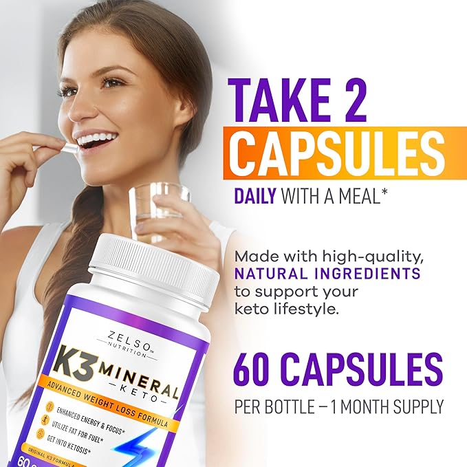 ZELSO (3 Pack) K3 Mineral Weight Loss Pills for Women and Men K3 Mineral Pills - K3 Salt Mineral Vitamin + K3 Capsules Supplement for Keto Weight Loss - 3 Months Supply