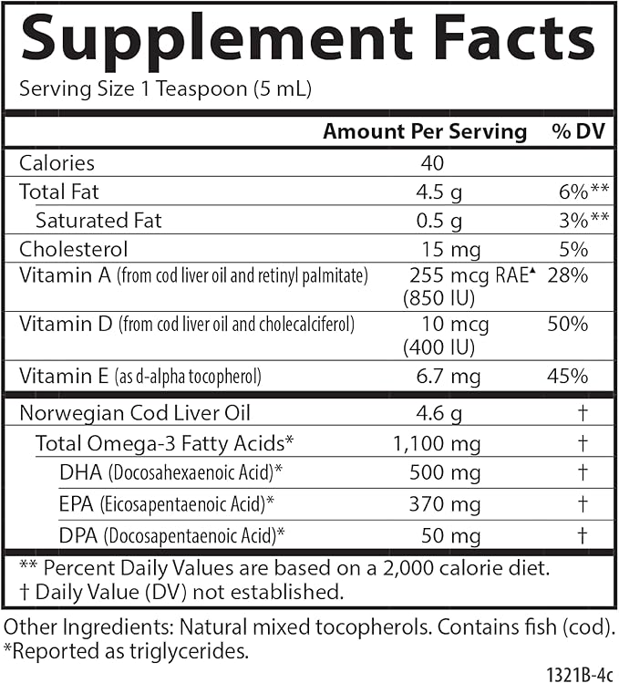 Carlson - Cod Liver Oil 1100 mg Omega-3s Plus Vitamins A &amp D3 - Wild Caught EPA DHA Omega 3 Supplement - Norwegian Arctic Sustainably Sourced Nordic Fish Oil Liquid Unflavored 250 mL (8.4 Fl Oz