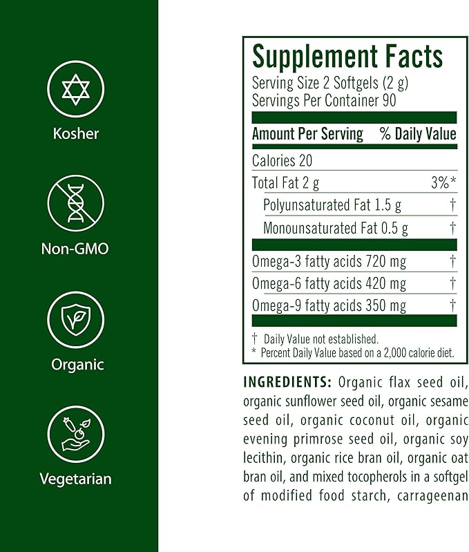Flora Udo's Oil 3-6-9 Blend - Contains Organic Coconut Flax Seed Oil &amp More - 180 Vegetarian Softgels
