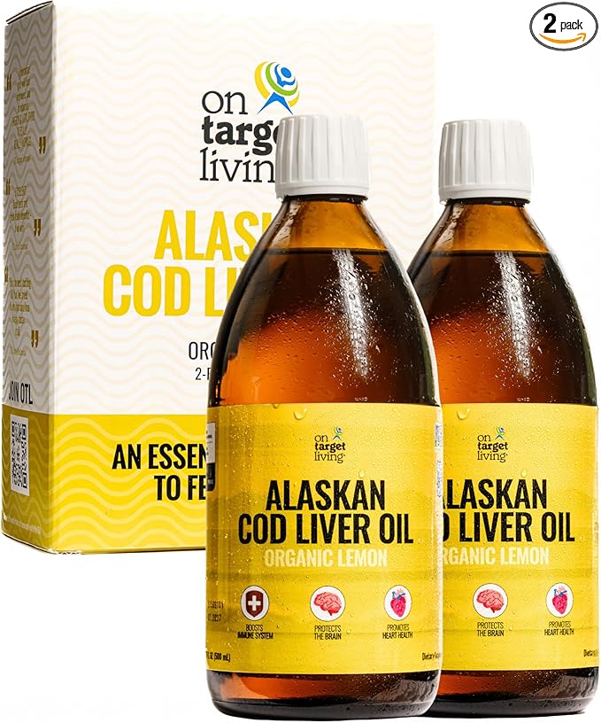 On Target Living Alaskan Cod Liver Oil Organic Lemon Flavor 16.67 oz (2-Pack) | Line Caught in The USA | Naturally Occurring Vitamin D | Rich in Omega 3 DHA/EPA | Non-GMO Project Certified