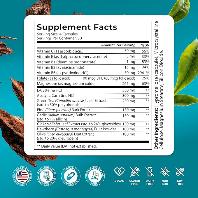 PUREHEALTH RESEARCH Hearing Support Forumla - Ear Health Supplement - Calm Ear Support &amp Auditory Health - with Ginkgo Biloba Green Tea Extract Acetyl L-Carnitine L-Cysteine &amp More - 120 Ca