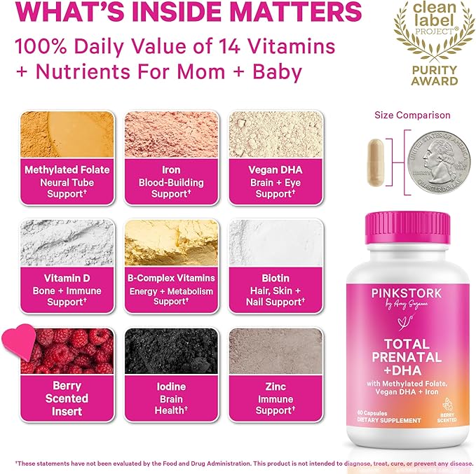 Pink Stork Total Prenatal Vitamins with DHA Folate Iron Choline and Vitamin B12 - Prenatals for Women to Support Fetal Development Pregnancy Essentials Berry Essence 60 Capsules 1 Month Supply
