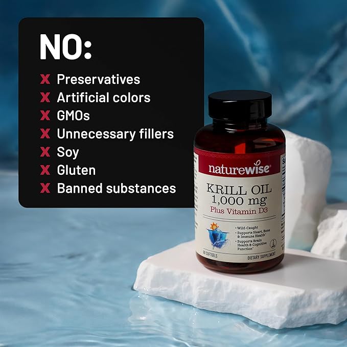 NatureWise Krill Oil 1000 mg + Vitamin D3 6000 IU - SUPERBAboost Concentrated Antarctic Krill Oil - Omega-3 EPA &amp DHA Phospholipids &amp Astaxanthin - Non-GMO - 60 Softgels[30 Day Supply]
