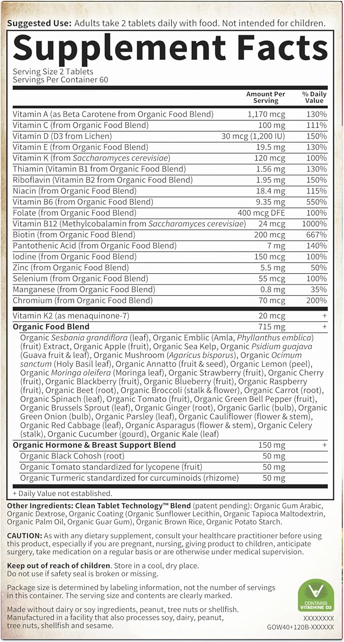 Garden of Life Multivitamin for Women 40 Plus Organics Womens Vitamins Hormone &amp Breast Health Support Blend Vegan 120 Tablets
