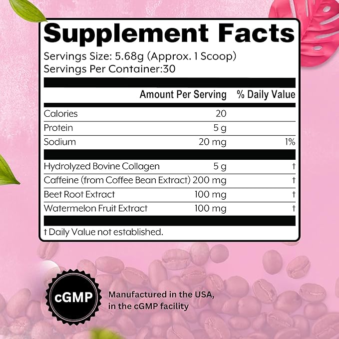Collagen Peptides with Caffeine 200 mg Powder Grass Fed for Hair Skin Nails and Energy Support Gluten Free Unflavored 6.01 oz