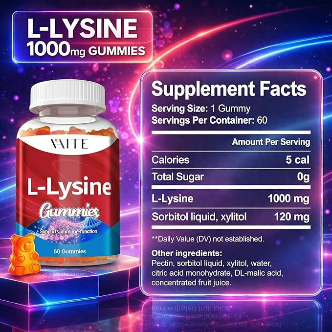 VAITE L-Lysine 1000mg Gummies - Supports Skin Lip Vegan Gluten Free Vitamins for Adults Tissue Health &amp Immune System Chewables Amino Acid Vitamin Supplement &amp Complex Supplements Non-G