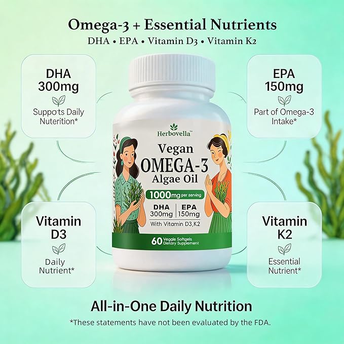 Vegan Omega 3 Softgels from Algae Oil – Fish Oil Alternative DHA 300mg EPA 150mg with Vitamin D3 K2 No Fishy Taste Plant-Based Omega-3 Supplement