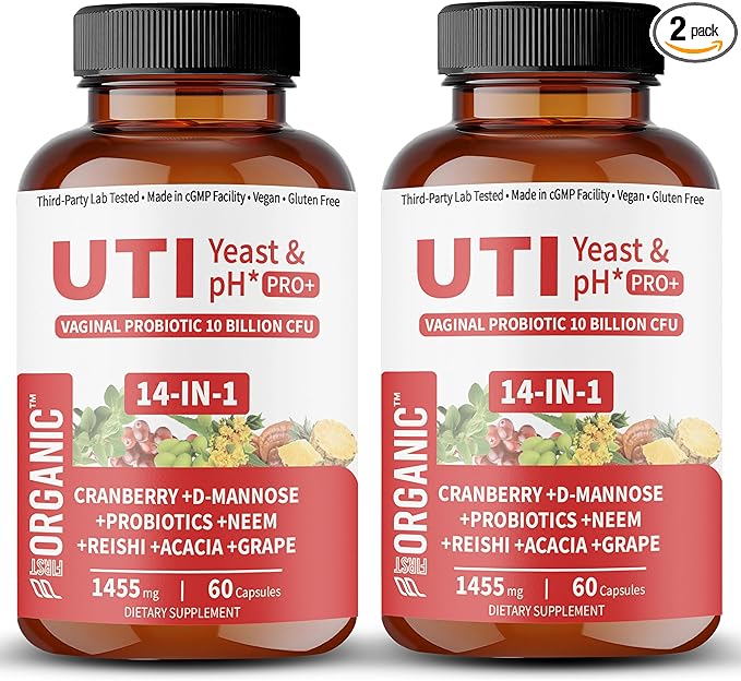 UTI Yeast &amp pH Pro+ | Pack of 2 | Daily Feminine Hydration &amp Balance Support with Cranberry D-Manose Aloe Hibiscus | Third-Party Tested cGMP Facility Vegan Gluten-Free | 60+60 Caps
