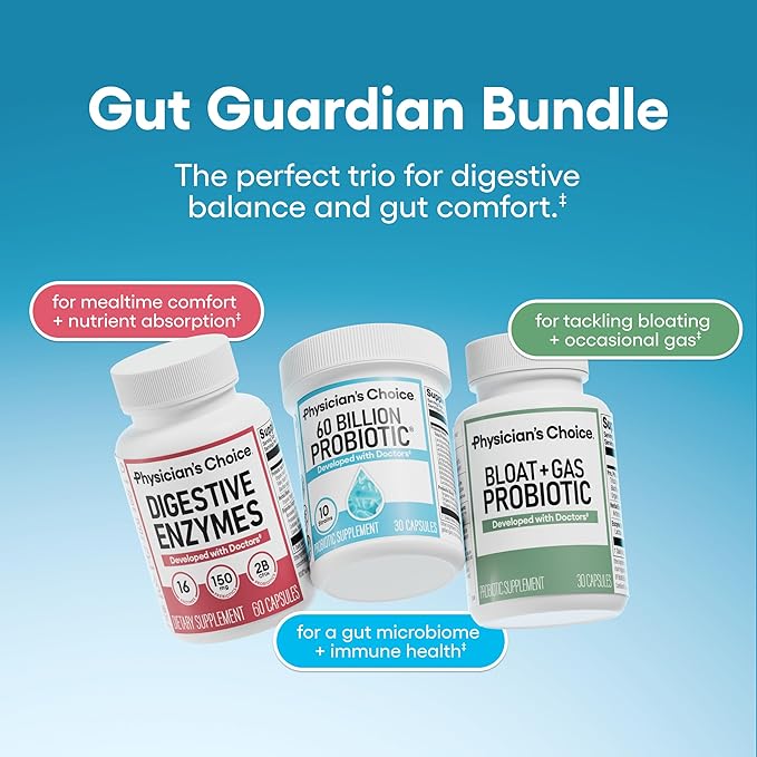 Physician's CHOICE Gut Guardian Bundle: Advanced Bloating &amp Digestion Support with 60 Billion Probiotic Digestive Enzymes &amp Bloat + Gas Probiotic - Daily Gut Health Support for Women and Men