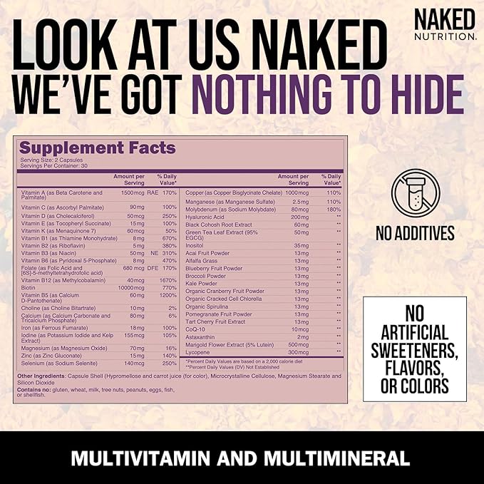 NAKED Nutrition Women's Multi - Daily Multivitamin - Vitamins A C E Selenium Zinc Fruit and Super Green Extracts to Boost Immune Support - Gluten-Free and Vegetarian Vitamins 60 Capsules