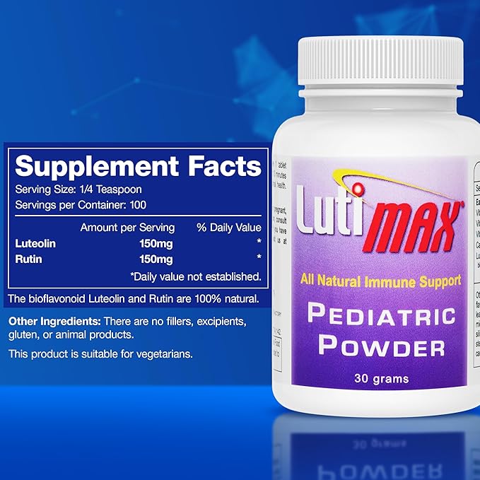 Lutimax Pediatric Powder Brain Supplement with Luteolin &amp Rutin for Kids - Memory Focus Muscle &amp Immune Support Brain Supplements - Nootropic Antioxidants - 200 Servings