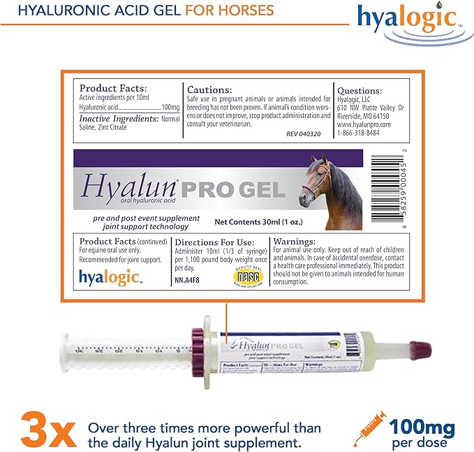 Hyalogic Hyalun PRO Gel – Hyaluronic Acid Horse Joint Supplement – Pre &amp Post Event Booster – 30cc Equine Syringe Oral – 3 Full Administrations Hyalun 100mg Pure Hyaluronic Acid (HA)