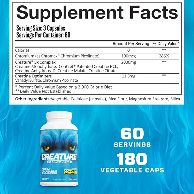 CREATURE® Creatine Complex - Creatine Monohydrate Capsules with 5 Types of Creatine Including Con-Crēt® Creatine HCL Promotes Muscle Strength Endurance Brain Health 180 Veggie Caps Pack of 2.