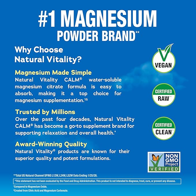 Natural Vitality Calm Magnesium Supplement Anti-Stress Drink Mix Powder Gluten Free Vegan &amp Non-GMO Sweet Lemon 8 oz