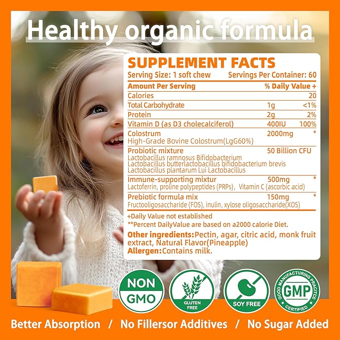 Colostrum Chews Supplement with probiotics for Gut Health Bloating Immune Support Skin Hair Growth and Beauty - Orange Flavor (60 Servings)