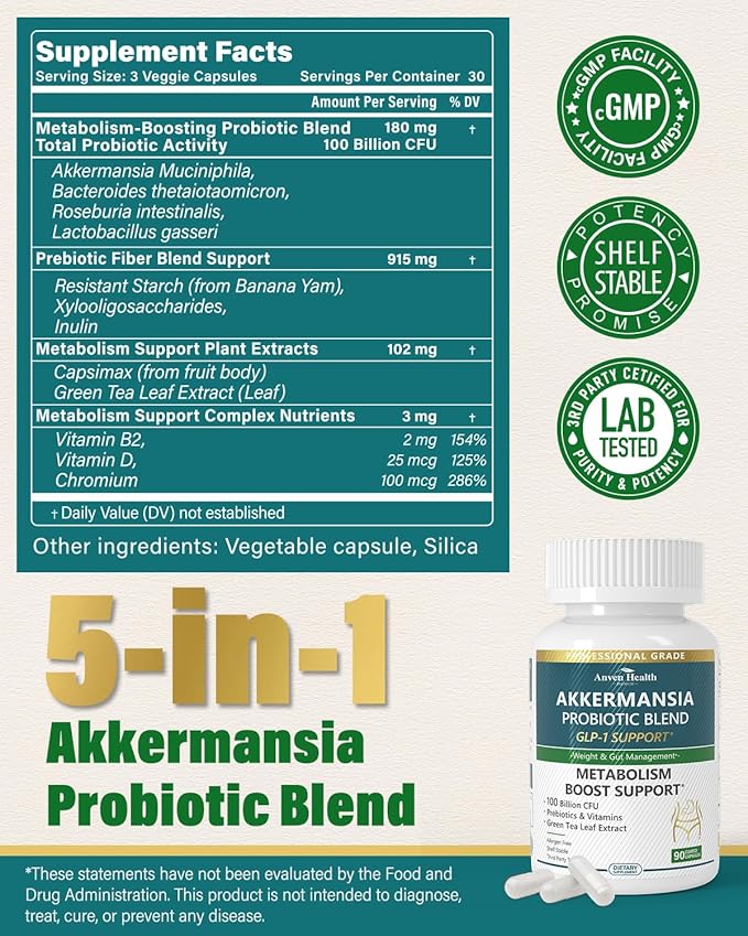 GLP-1 Supplement 100 Billion Akkermansia Probiotic &amp Prebiotic for Gut Health &amp Digestion Metabolism &amp Energy Support with Vitamin B2 &amp D Green Tea and Chromium - Non-GMO | 180 Capsu