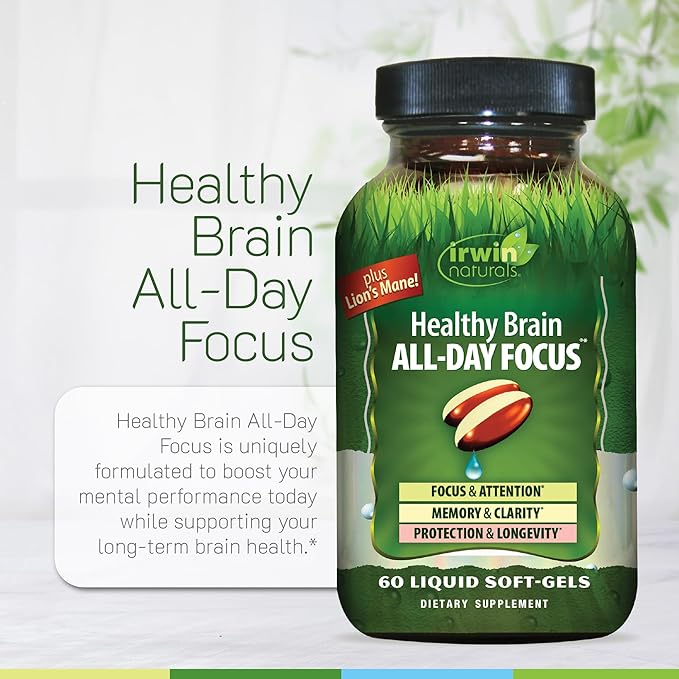 Irwin Naturals Healthy Brain All-Day Focus - 60 Liquid Soft-Gels - Boosts Mental Performance &amp Promotes Long-Term Brain Health - 30 Servings