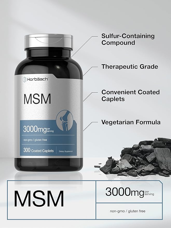 Horbäach MSM Supplement | 3000mg | 300 Coated Caplets | Methylsulfonylmethane with Calcium | Vegetarian Non-GMO Gluten Free