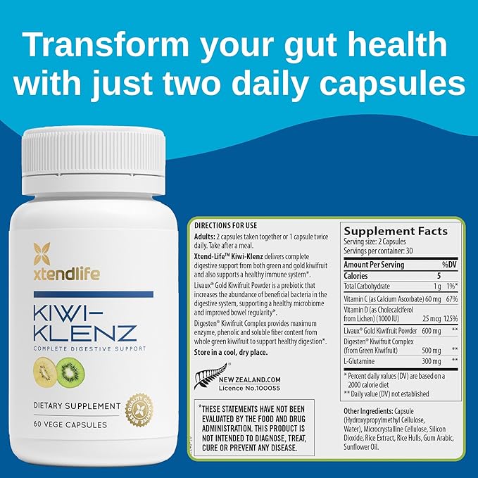 Xtendlife Kiwi-Klenz Digestive and Gut Support Supplement for Bloating Gas and Indigestion - Natural Prebiotic with Health Enzymes - 30 Day Supply