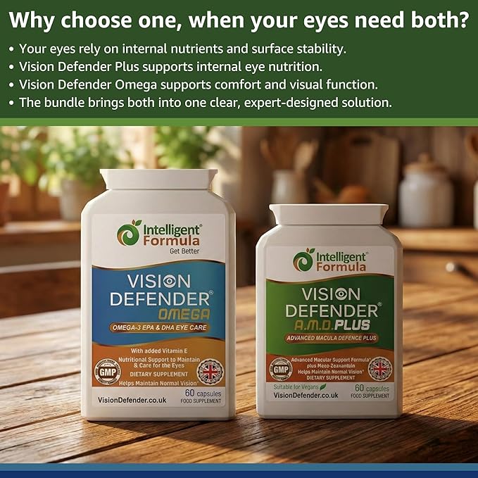 Vision Defender Plus &amp Omega Eye Bundle – Eye Supplements with AREDS2 (Lutein Zeaxanthin Vitamin C &amp E Copper Zinc) Meso-Zeaxanthin Omega-3 Fish Oil (EPA DHA). Made in UK