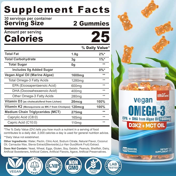 Vegan Omega 3 Gummies 1280mg + Vitamin D3 K2 (MK7) Omega 3 Fish Oil Alternative for Adults w/Algae EPA 600mg &amp DHA 400mg MCT Oil - No Fish Taste - for Brain Eye Immune Health Sugar Free 2 P