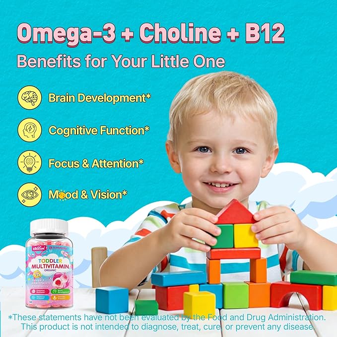 Organic Toddler Multivitamin Gummies (Ages 2-3) | Omega-3 (DHA/EPA) Postbiotics A C D3 K2 Methyl B12 Folate Zinc | Kids Multivitamin for Immune Digestive Brain Development Sugar-Free 60Cts