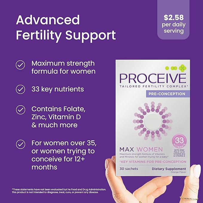 Proceive Max Tailored Fertility Supplement for Women Pre Conception Vitamins Minerals and Amino Acids with Vitamin D Zinc Myo Inositol and Folate 30 Vegan Drink Mix Packets Orange Flavor