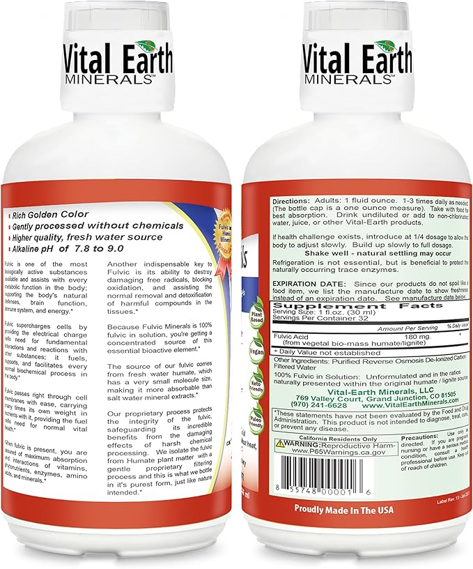Vital Earth Minerals Fulvic Minerals Liquid – Fulvic Acid Supplement with 70+ Trace Minerals Electrolytes for Energy &amp Vitality 32 Oz + 1 Oz Cup