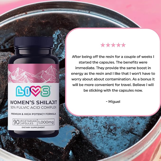 LIVS Women’s Shilajit Capsules – Himalayan Shilajit Extract with 50% Fulvic Acid – 1000mg per Serving – Organic Shilajit Supplement for Women – 180 Capsules