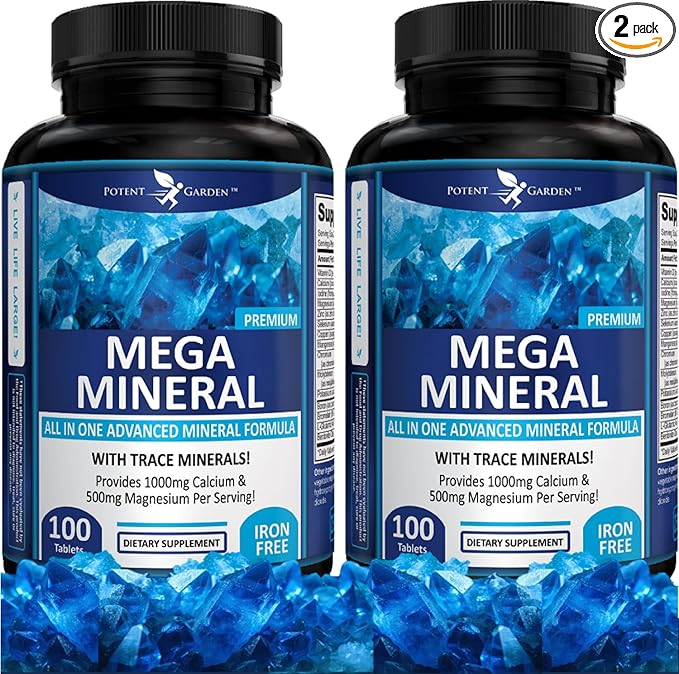 Potent Garden 2-Pack Mega Mineral Supplement Complete Mineral Complex with Calcium Magnesium Zinc Potassium Boron Selenium Chromium &amp 72 Trace Minerals Iron Free Calcium Supplement -200 Pills